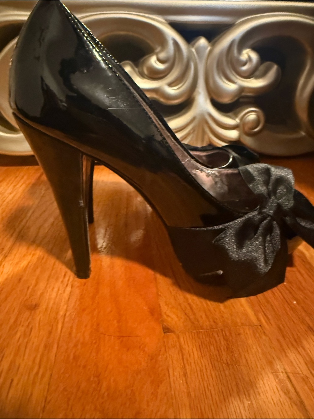 Paris Hilton Black Satin Peep-Toe Pumps with Bow - Picture 7 of 7